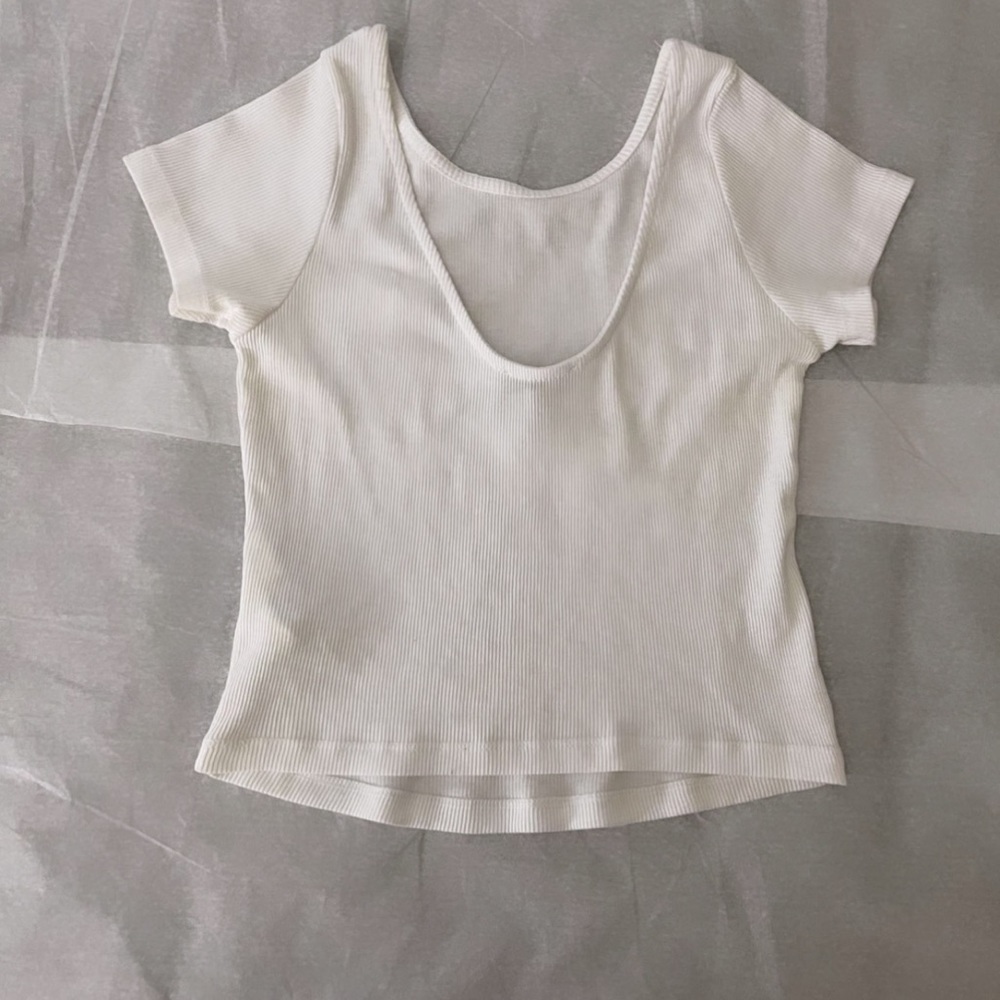 Zara Ribbed White Crop Scoop Back Top Size L